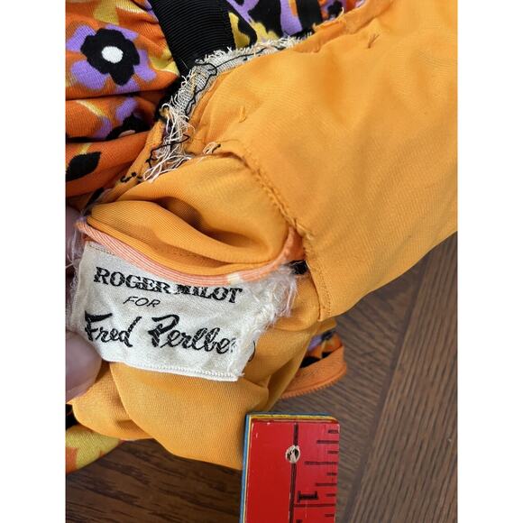 Vintage Roger Milot For Fred Perlberg Retro Dress Orange Purple Black Floral S/M - Picture 6 of 16